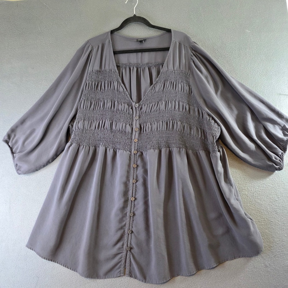 Torrid Womens Plus Size 5 Smocked Button Front Babydoll Blouse Grey 3/4 Sleeve